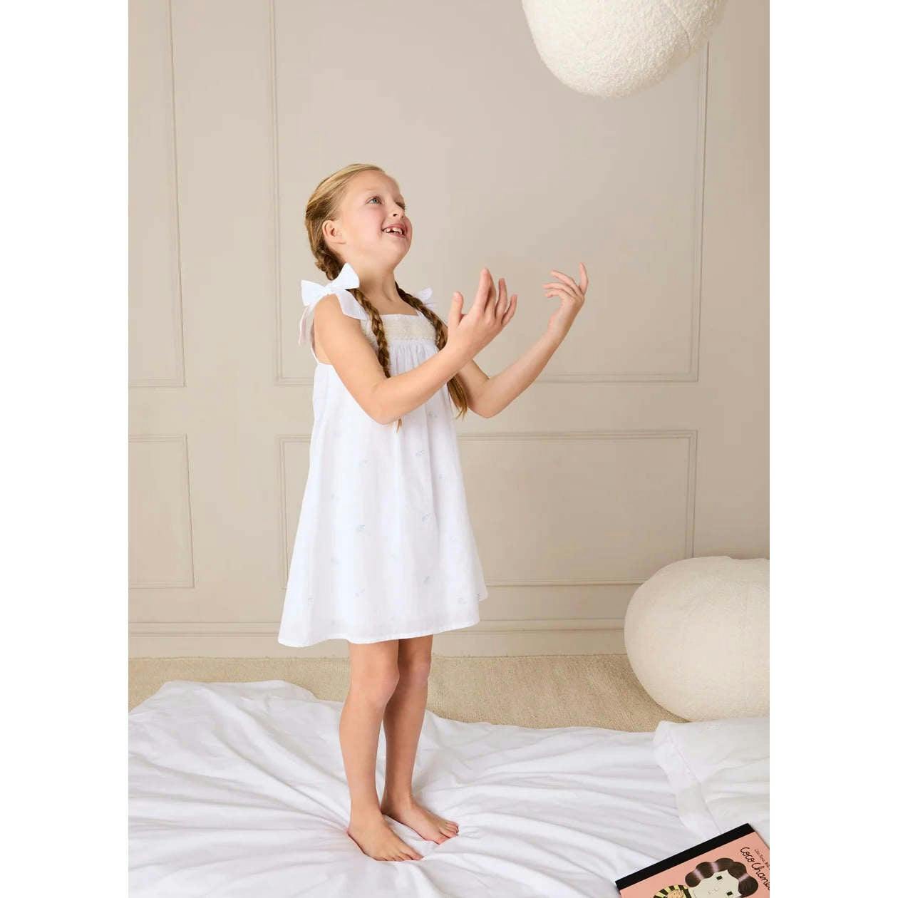 Bluebell Embroidered Bow Shoulder Tie Night Dress in White (18mths- 10yrs)
