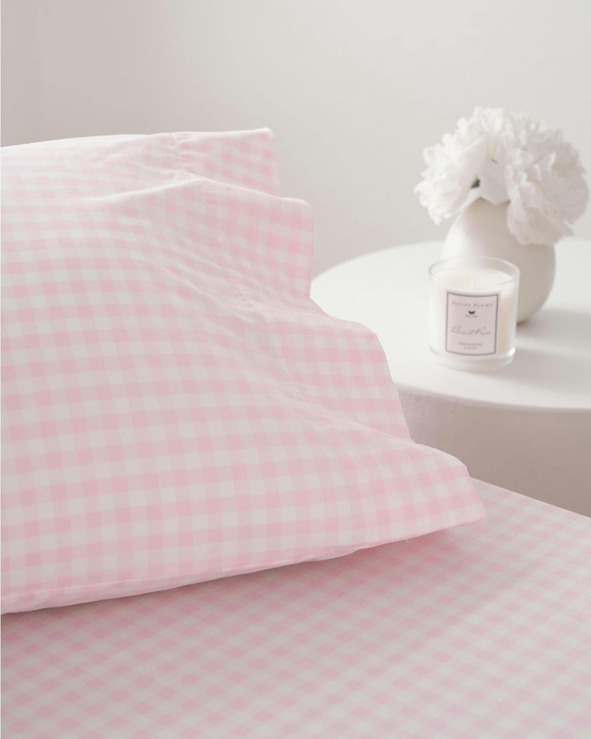 Luxe Premium Percale Bed Sheets in Pink Gingham