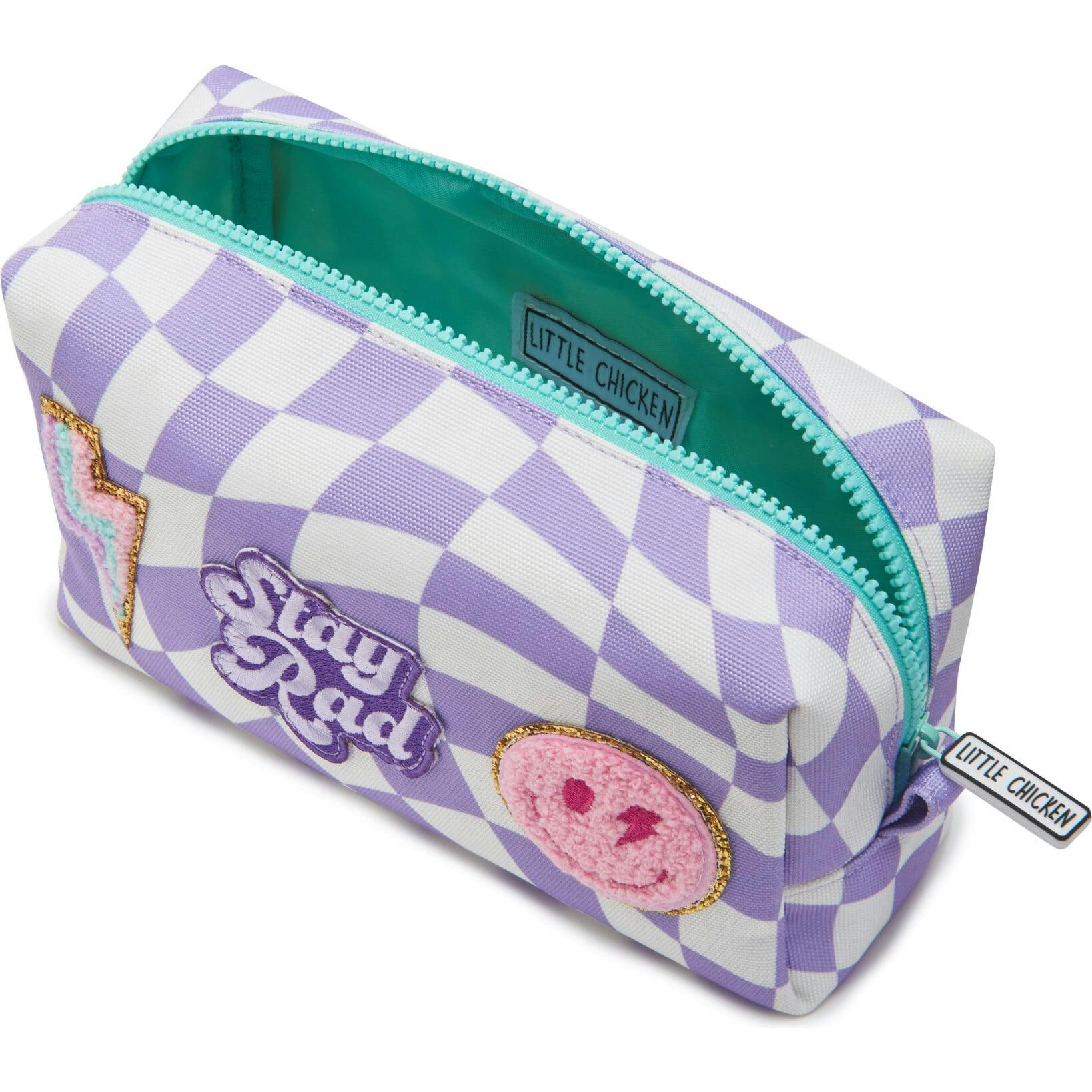 Checkered Pattern Pencil Pouch With Patches