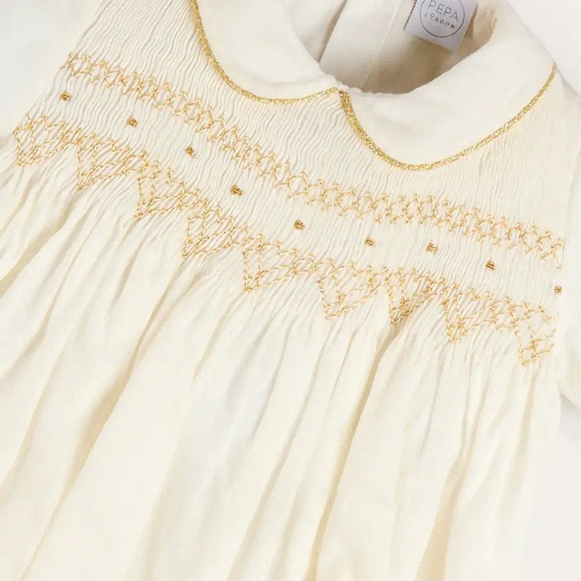 Hand Smocked Gold Embroidered Short Sleeve Romper in Ivory (3mths-2yrs)