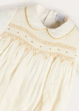 Hand Smocked Gold Embroidered Short Sleeve Romper in Ivory (3mths-2yrs)