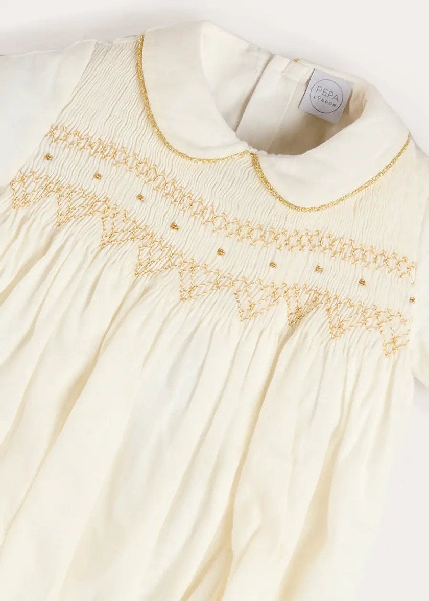 Hand Smocked Gold Embroidered Short Sleeve Romper in Ivory (3mths-2yrs)