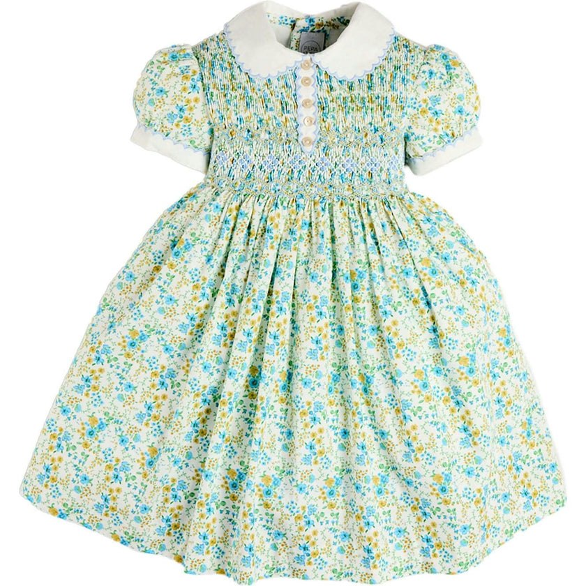 Louisa Floral Hand Smocked Short Sleeve Dress in Blue (18mths- 10yrs)