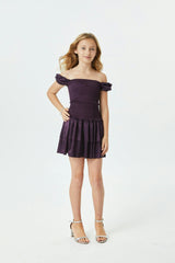 Lexi Aubergine Satin Smocked Short Sleeve Ruffle Dress