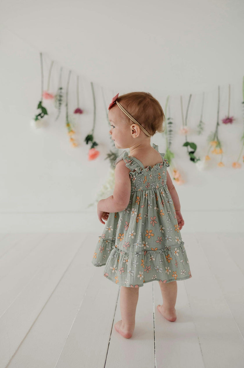 Girls Flutter Dress Set in Sketched Daisy