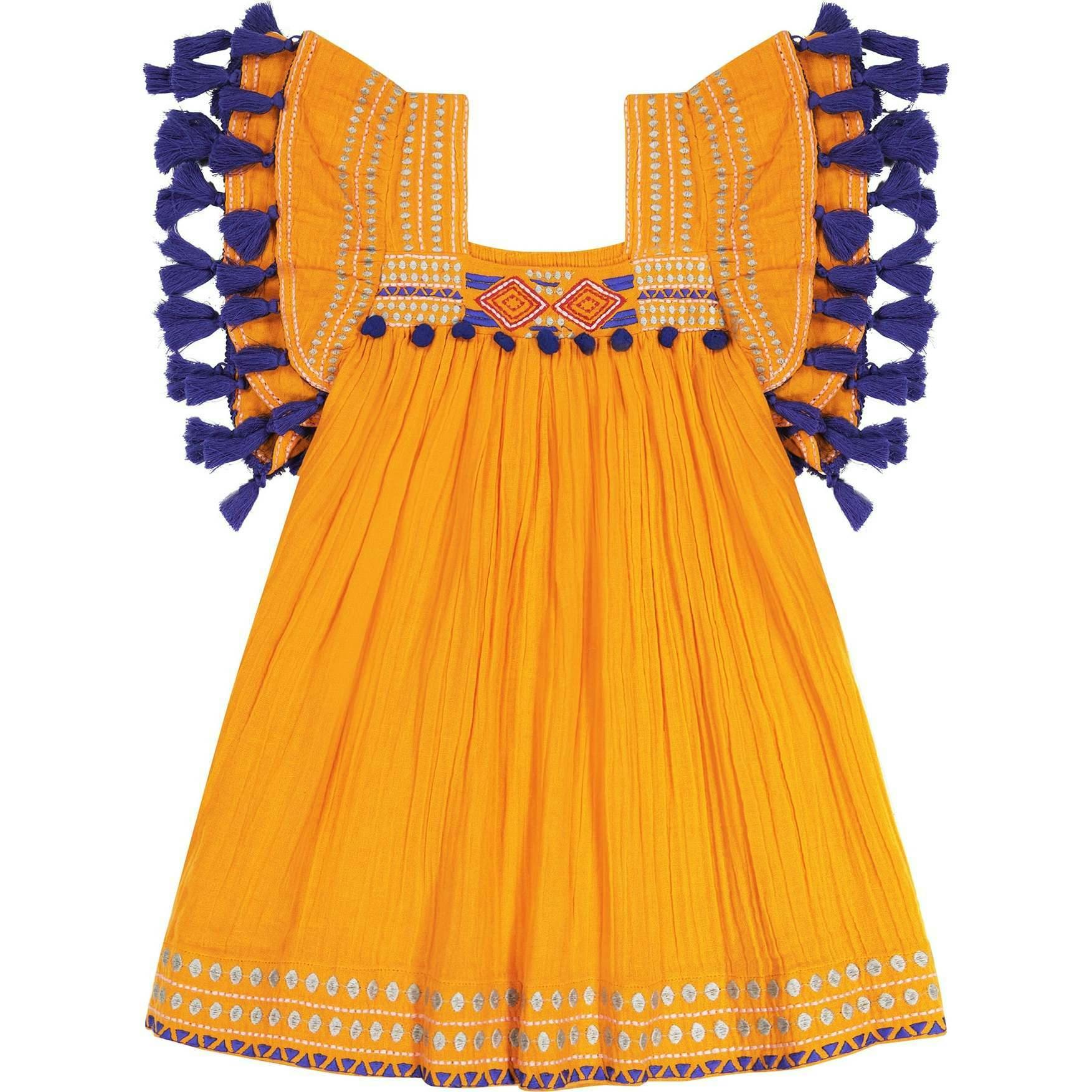 Serena Tassel Embroidered Double Flutter Sleeve Dress, Yellow