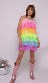 Neon Sequin Ruffle Dress With Tie Shoulders