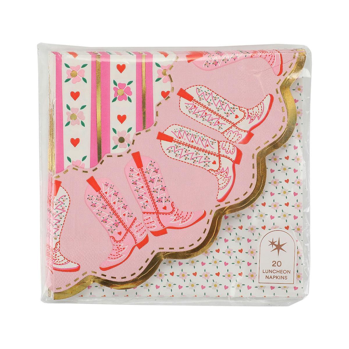 Packed Party Boot Scoot Blooms Western Dinner Napkins 20ct - Gold Foil Scalloped Pink Western Pattern 3-Ply Napkins for Western Parties