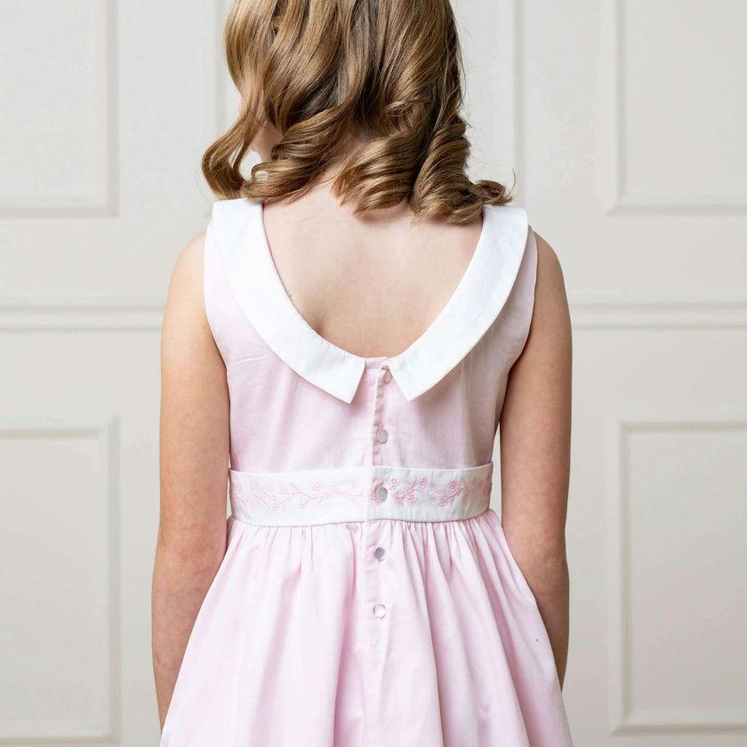 Organic Round Collar Sateen Party Dress with Embroidered Sash