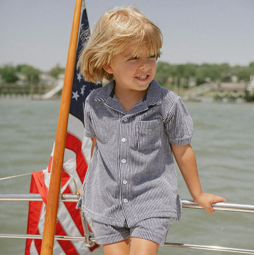 boys navy stripe french terry button up