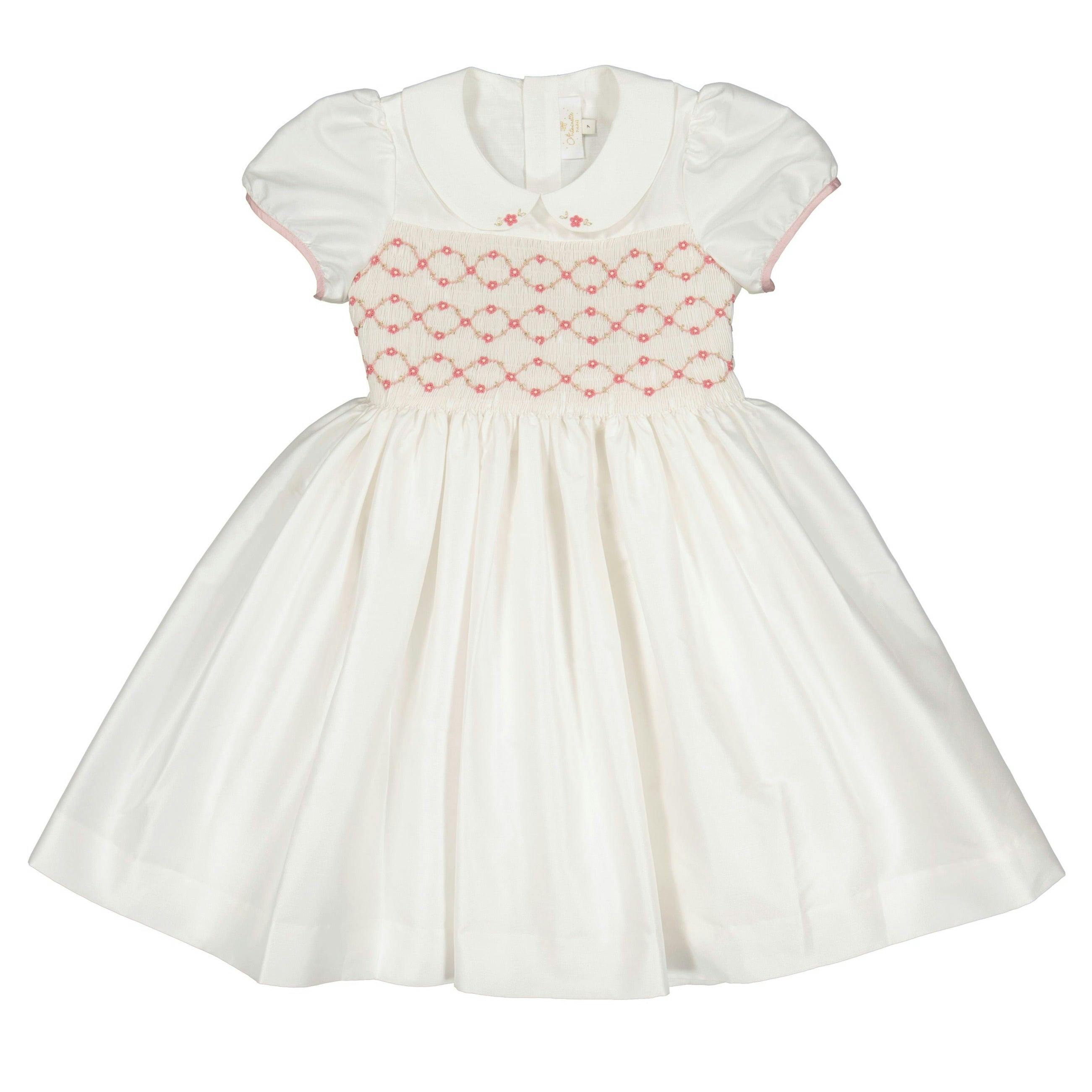 Bagatelle White/Pink Silk Handmade Smocked Dress