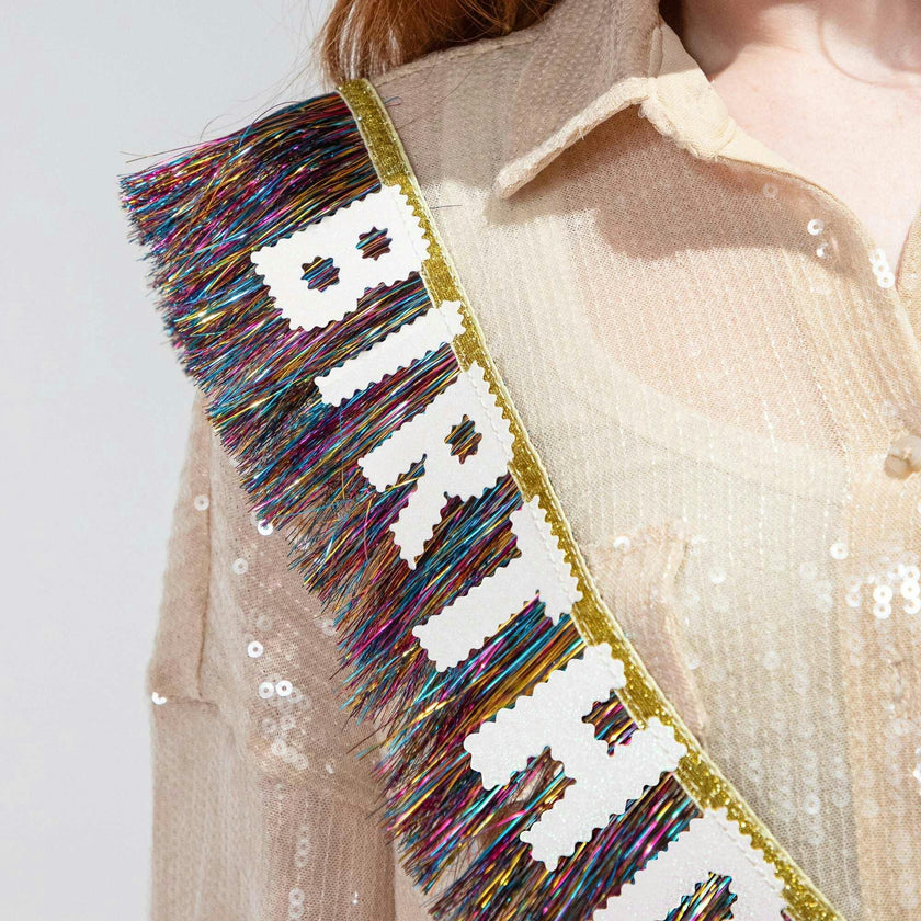 Packed Party Birthday Vibes Tinsel and Glitter Party Sash – 60 Inch Multicolor Tinsel Fringe with Iridescent Glitter Letters and Gold Binding Ties, One Size