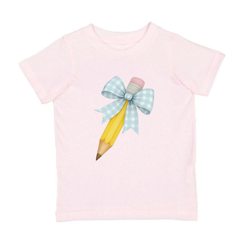 Blue Plaid Pencil Bow Short Sleeve T-Shirt