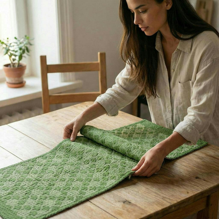 Artisan Hand Loomed Cotton Table Runner - Green Ginkgo - 18"x96"