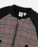 Bi-Material Zip Front Jacket Gray And Black Plaid