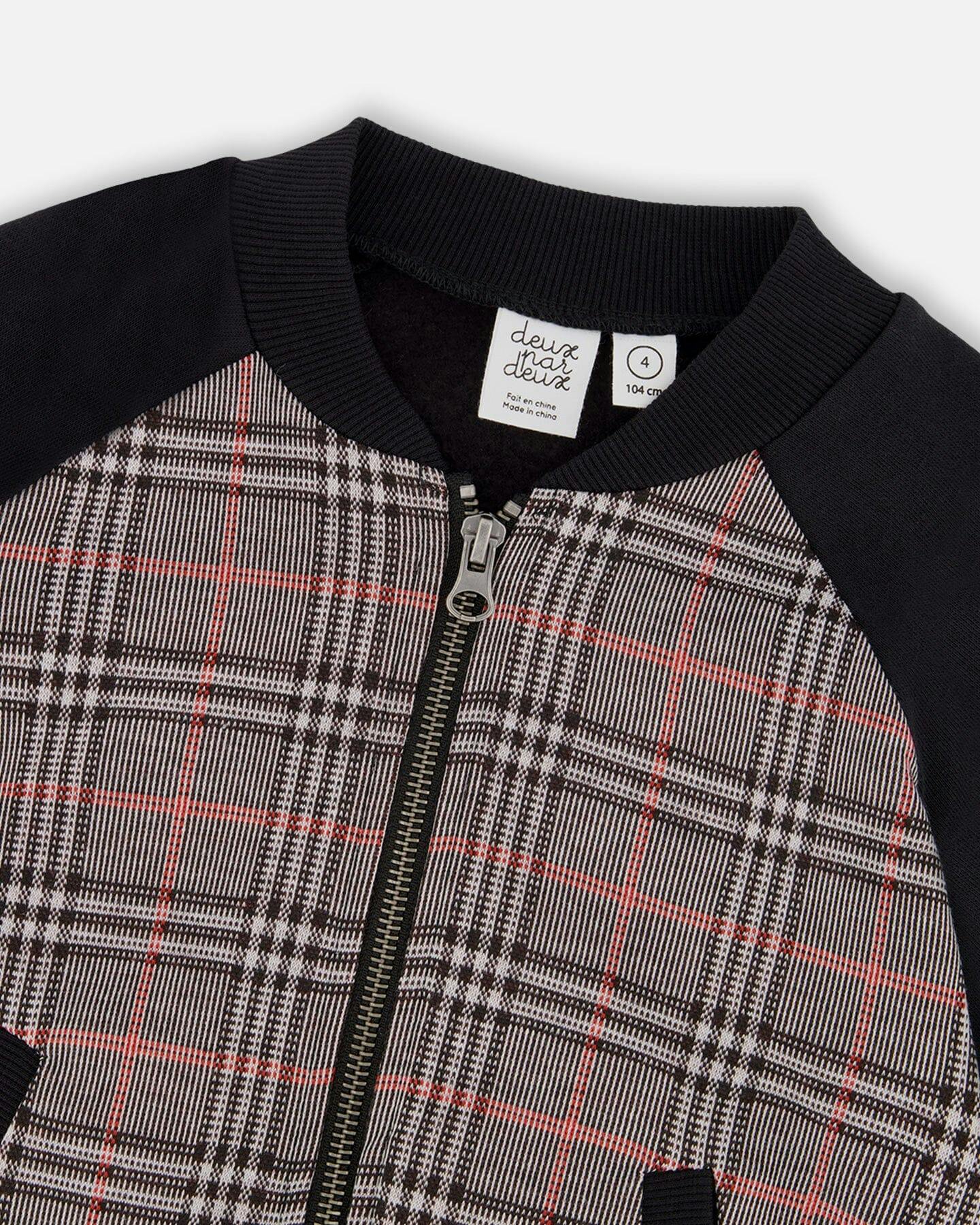 Bi-Material Zip Front Jacket Gray And Black Plaid