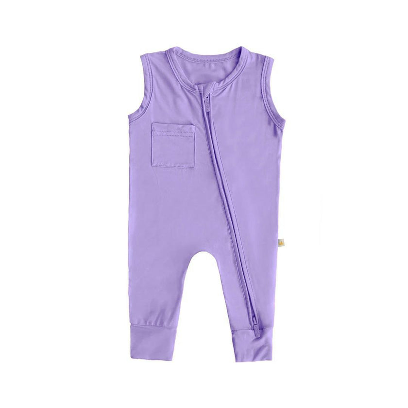 Sleeveless Footless Zip Romper, Lavender