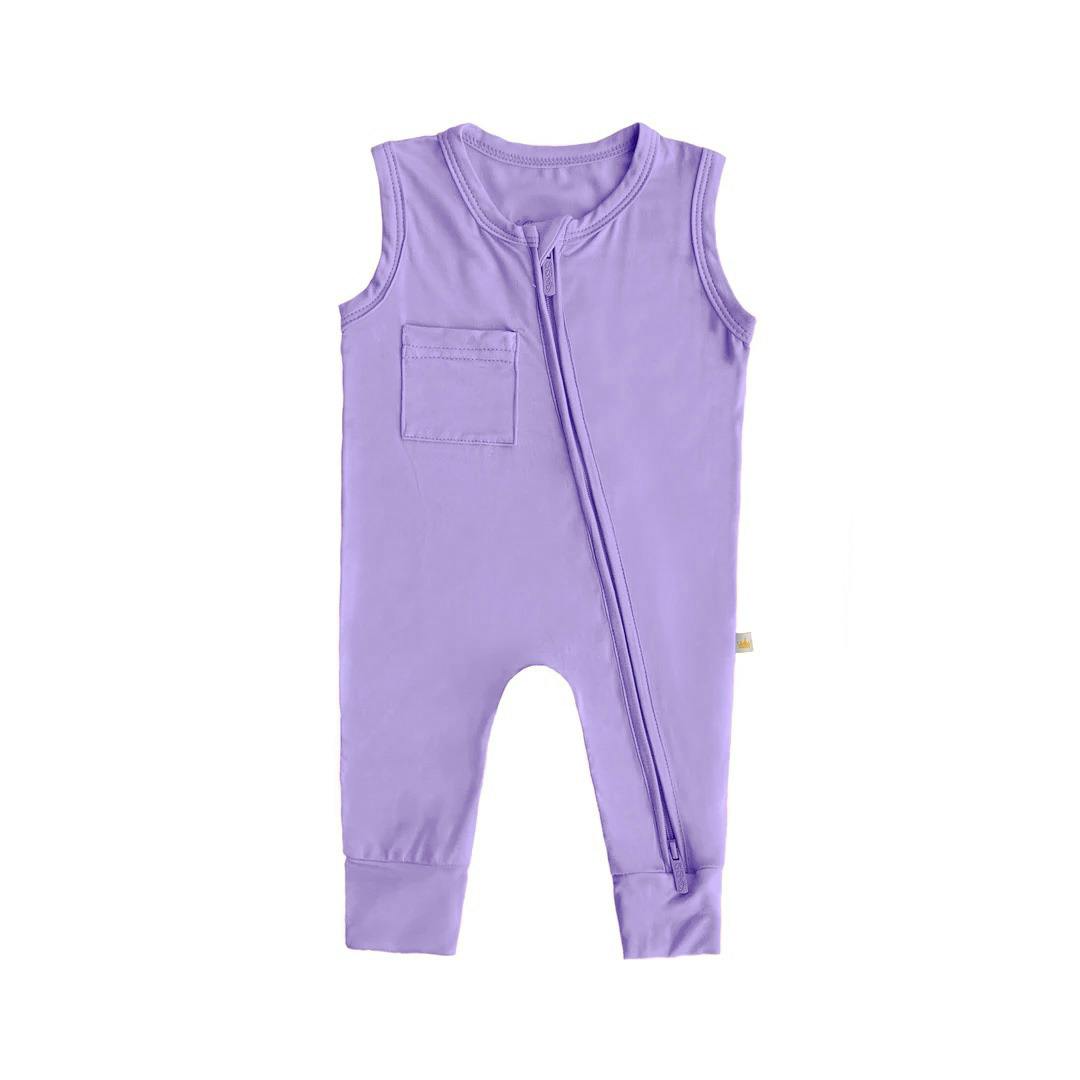 Sleeveless Footless Zip Romper, Lavender