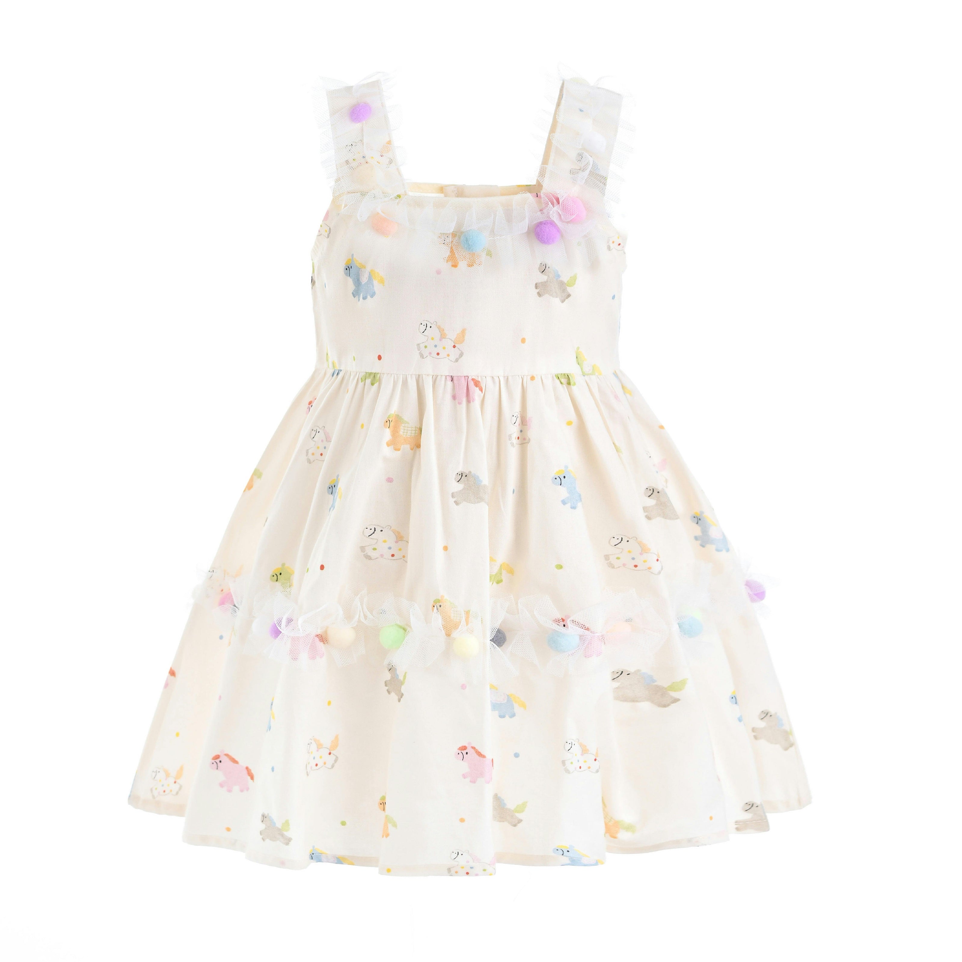 White Lunaria Animal Print Pom‑Pom Dress