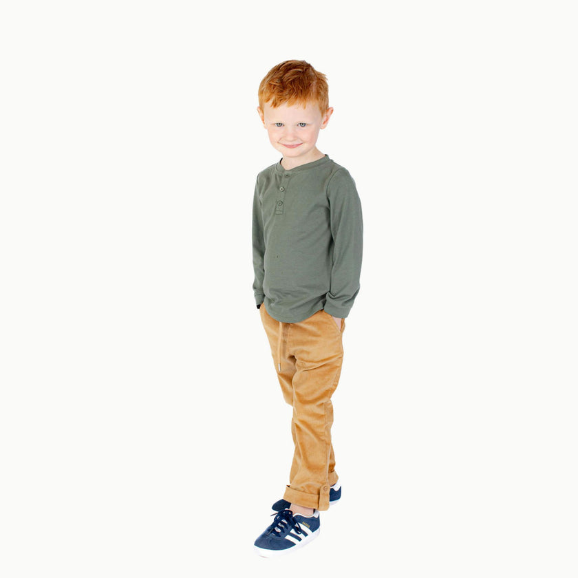 Boys' Long Sleeve Henley in Dark Green