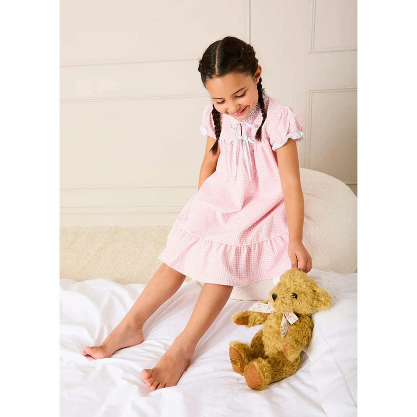 Beauchamp Gingham Ruffle Hem Floral Trim Night Dress in Pink (18mths- 10yrs)
