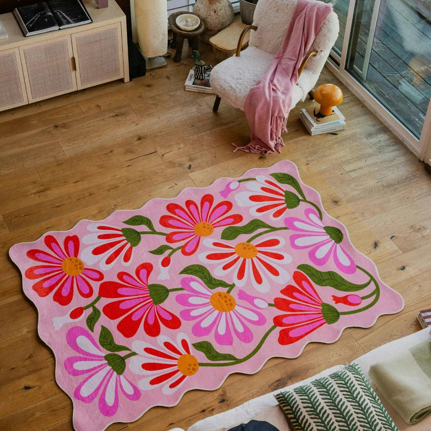Pink Base Pink Floral Wavy Rug by Jessica Miller