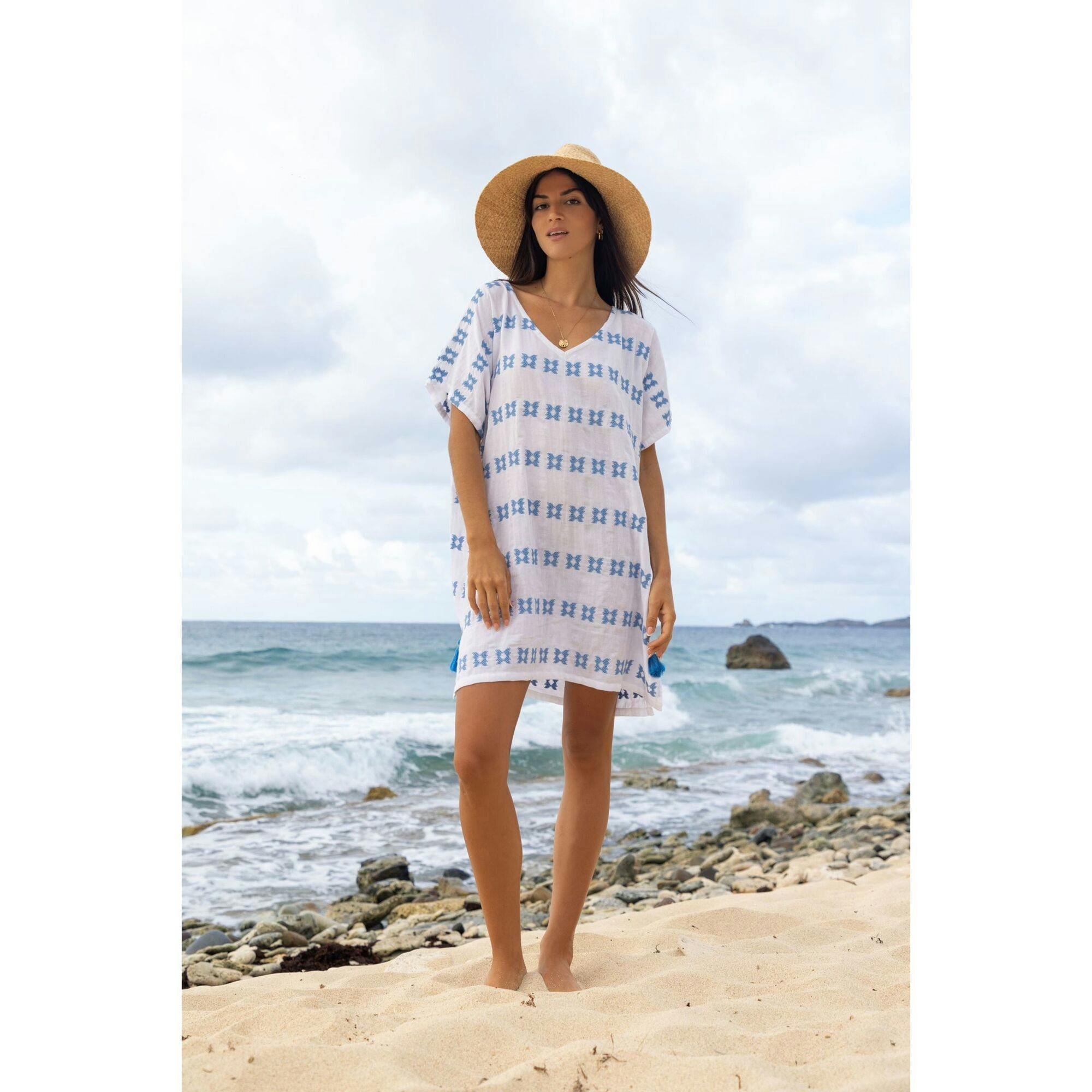 Capucine Women's Mini Caftan Blue Embroidery