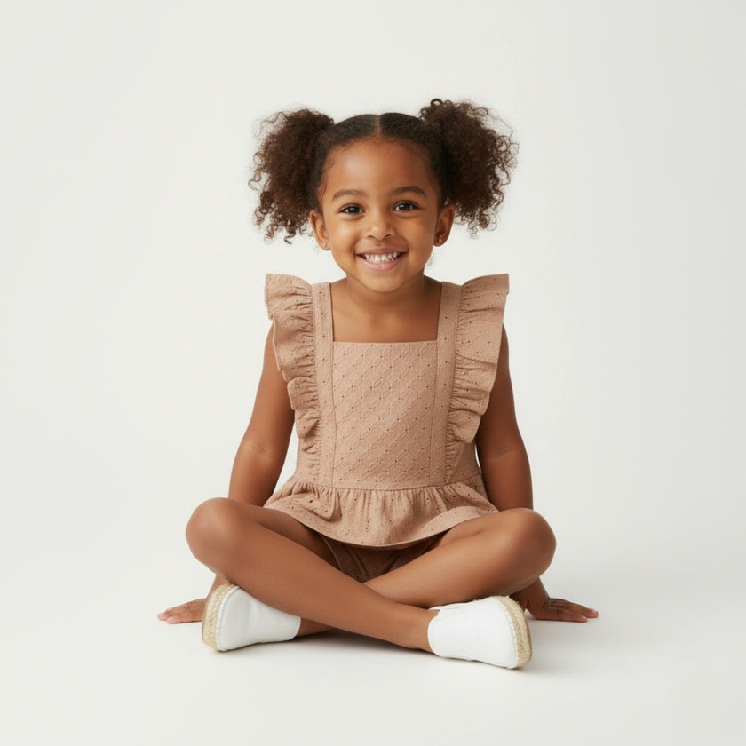 Organic Eyelet Flutter Top And Shorts Set - Clay Eyelet