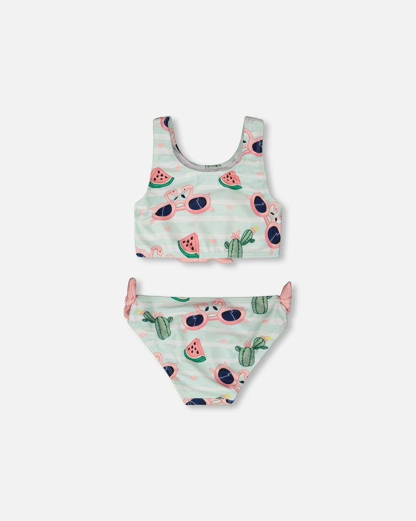 Two-Piece Swimsuit Blue Flamingo And Cactus Print