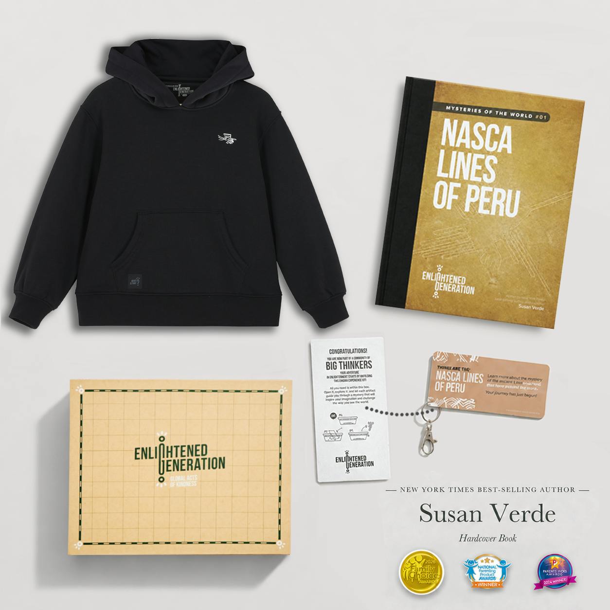 Nasca Ancient Mystery Gift Box with Black Embroidered Pelican Kids Hoodie, Book, and Activities