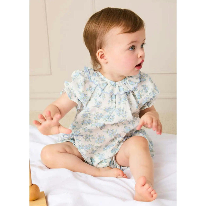 Esme Floral Swiss Voile Scallop Detail All-In-One Pyjamas in Blue (9mths-2yrs)