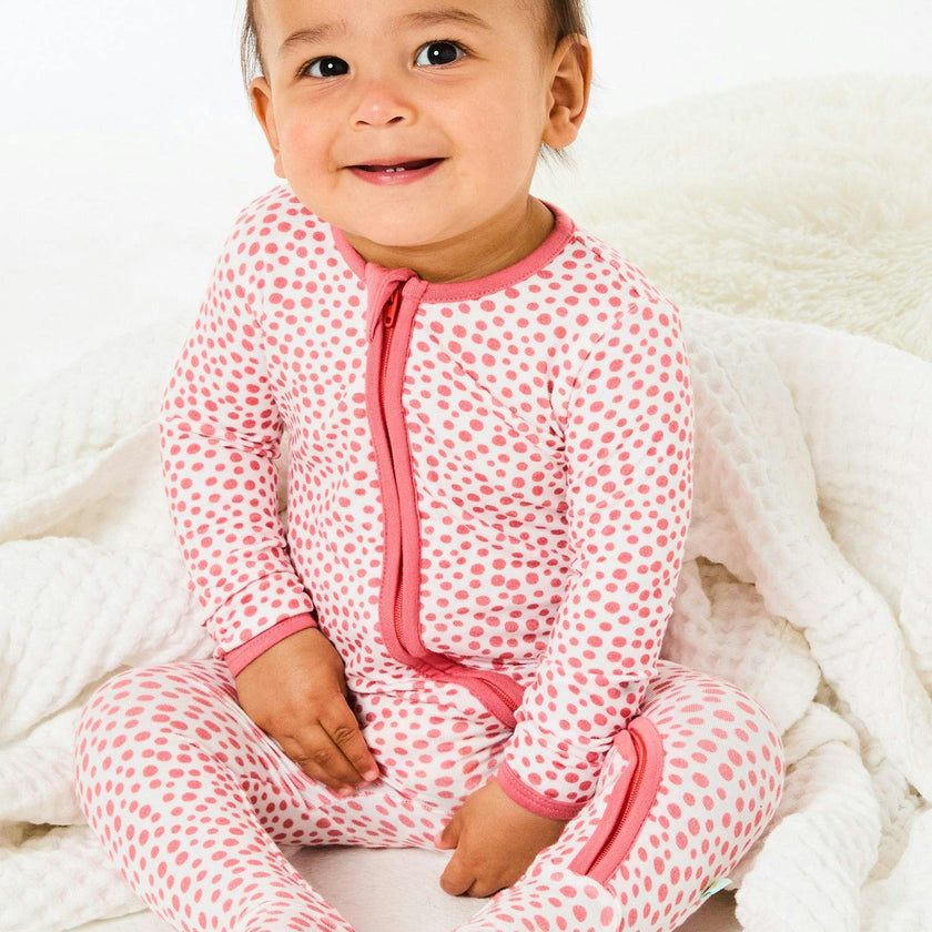 Soft & Stretchy Zipper Footie - Coral Dots