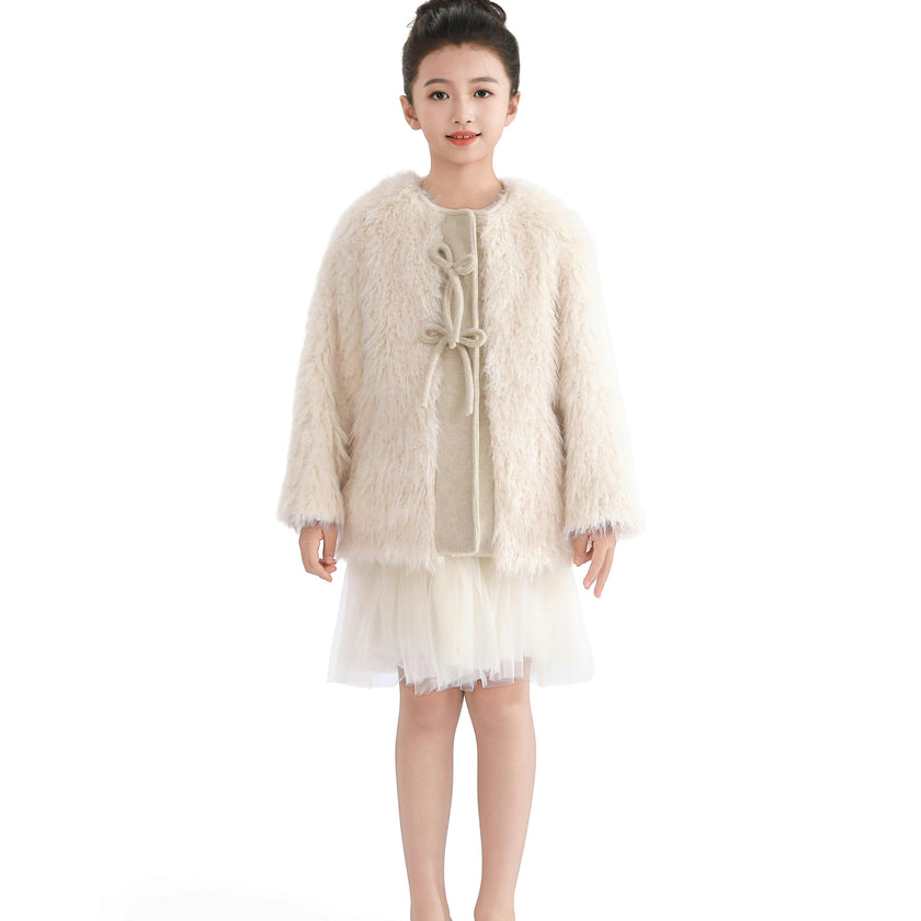 Cream Faux Fur & Wool Bow Coat