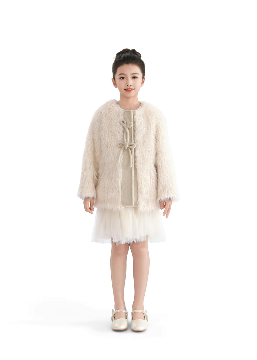 Cream Faux Fur & Wool Bow Coat