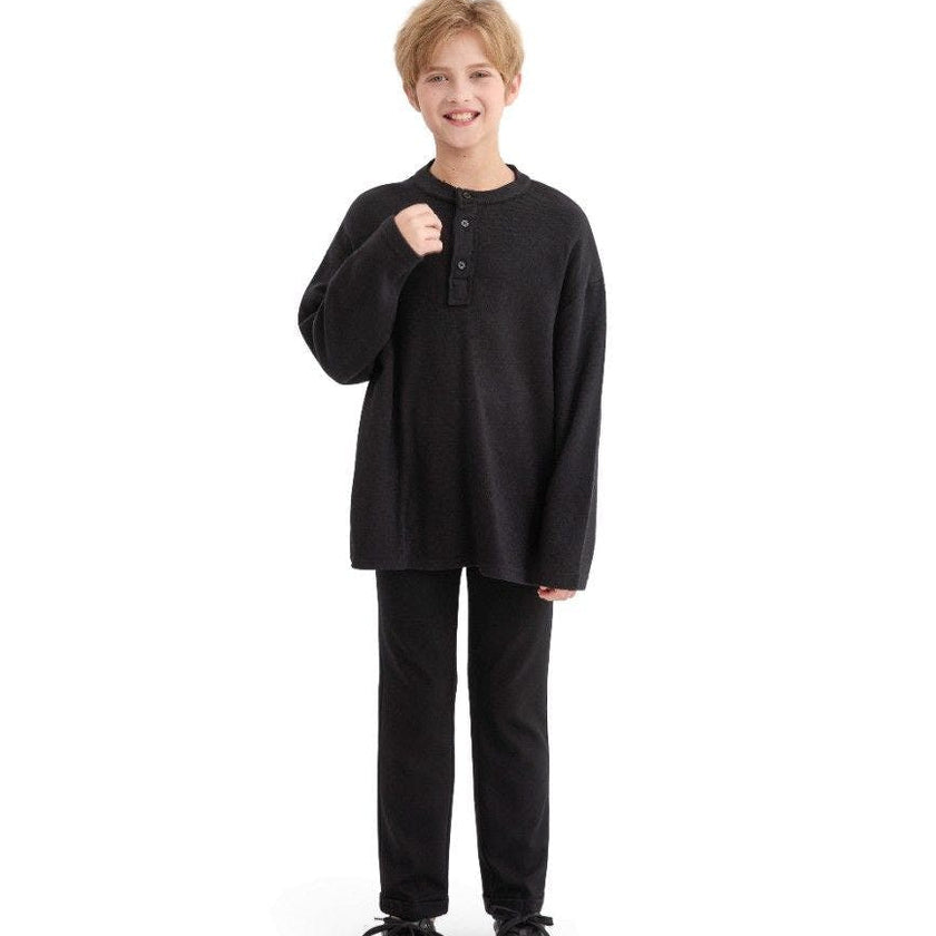 Jet Black Three-Button Henley Top