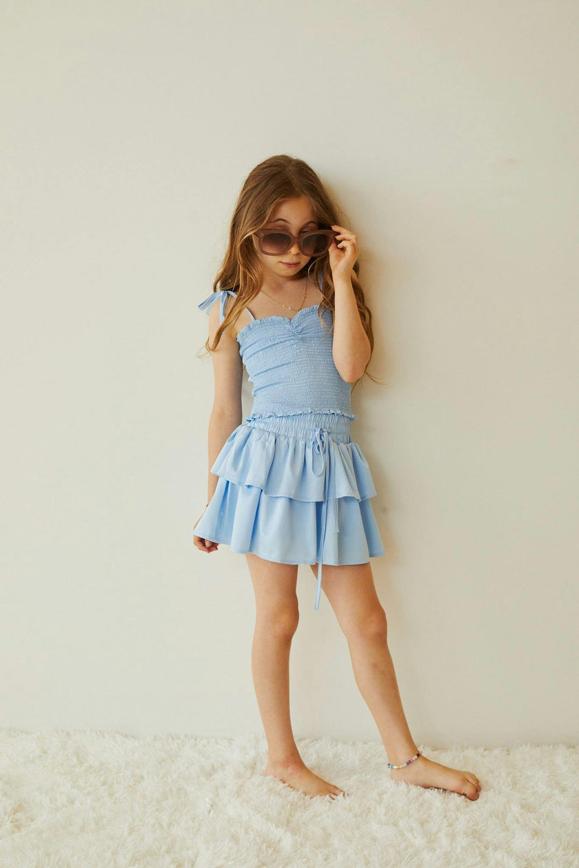 Georgia Pastel Blue Satin Smocked Top