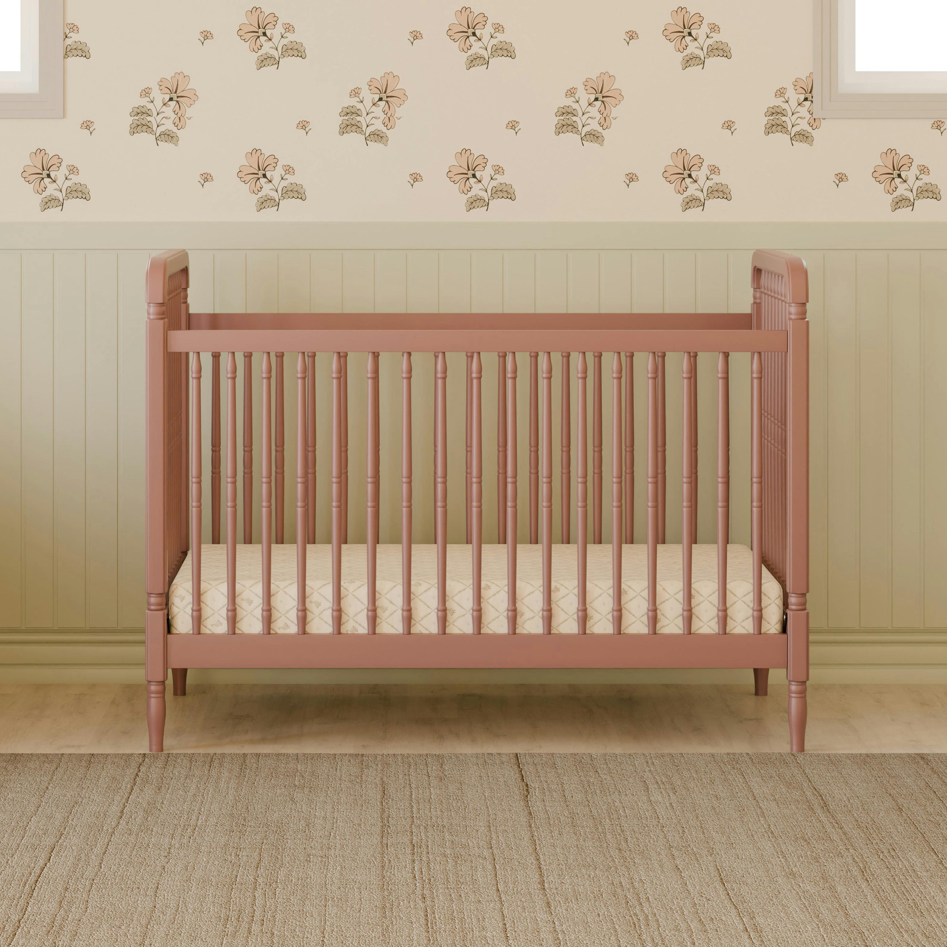 Liberty 3-in-1 Convertible Spindle Crib with Toddler Bed Conversion Kit in Dusty Rose