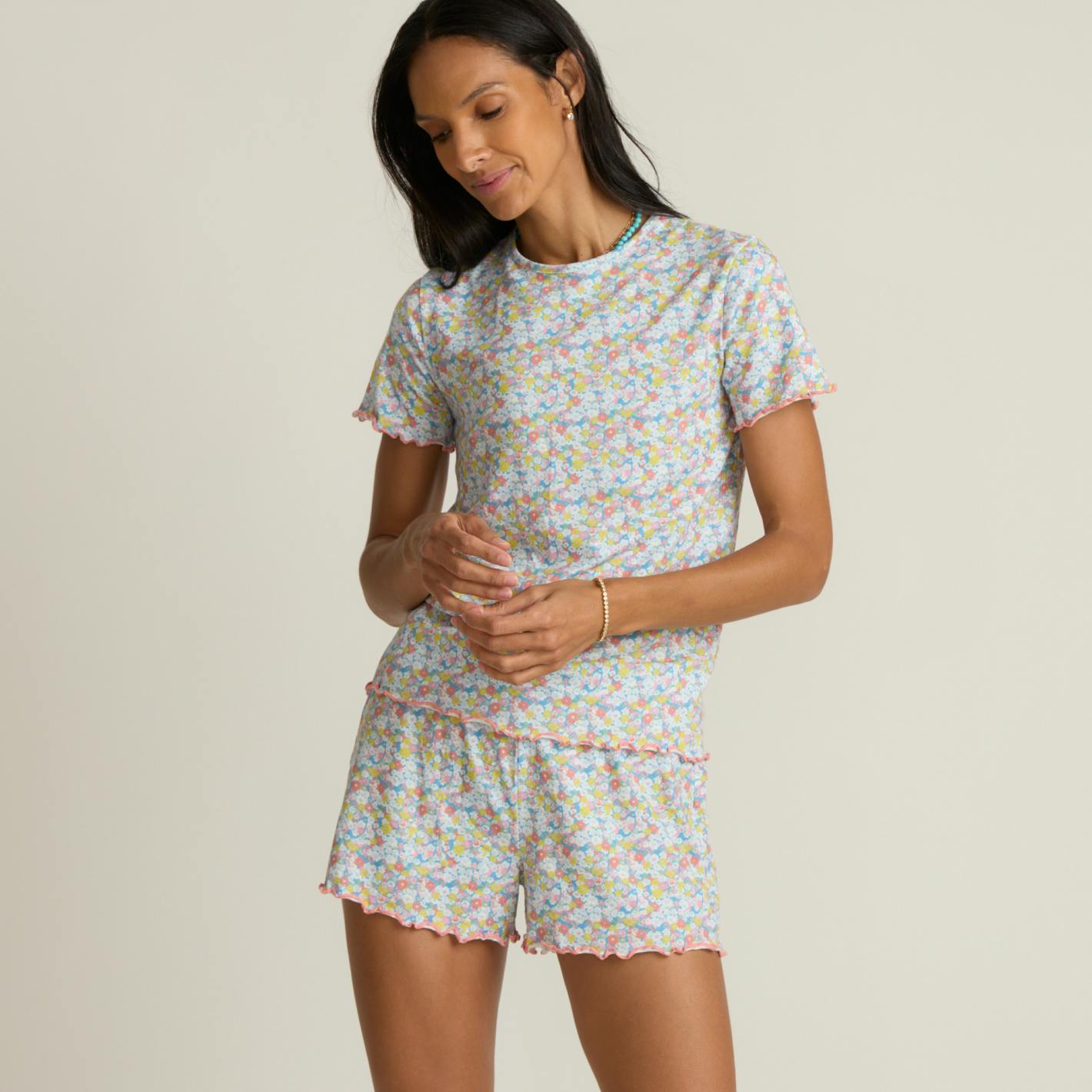 women's jasmine blossom shirt and short pima pajamas set