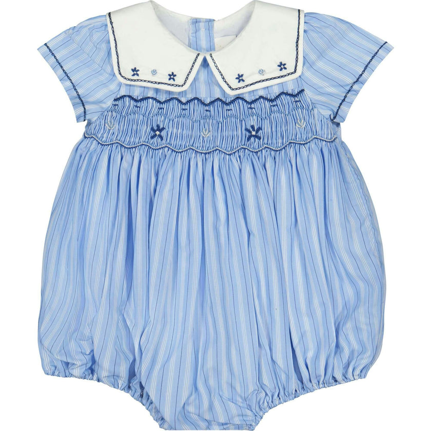 Riviera Blue Stripe Smocked Bubble Romper