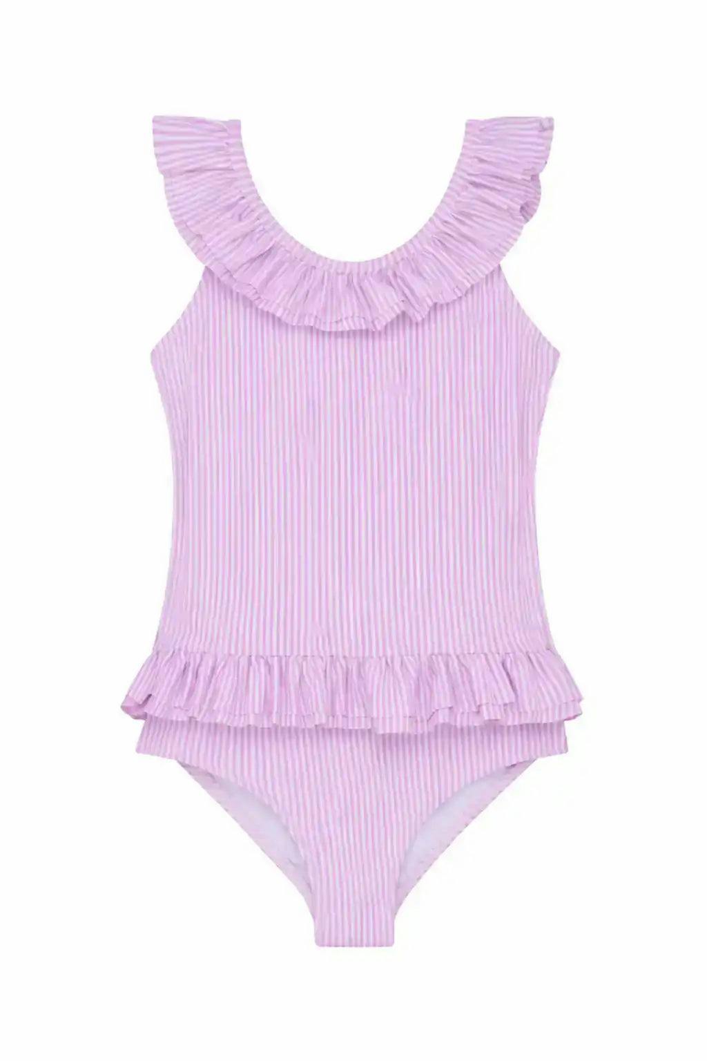 Girls' one-piece swimsuit with lilac ruffles | CANDY 1P