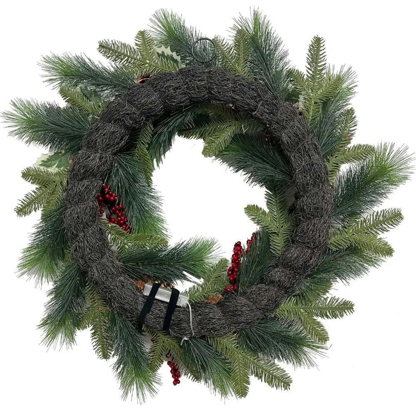 26" White Poinsettia, Pinecone & Berry Wreath Pre-Lit