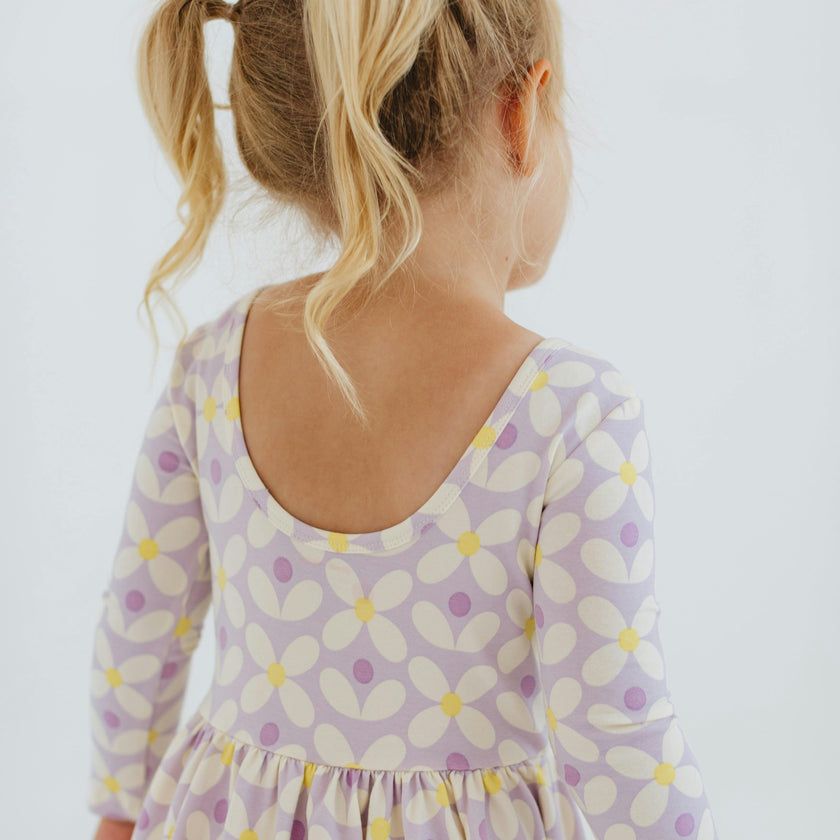3/4 Sleeve Twirl Dress in Pale Purple Petals