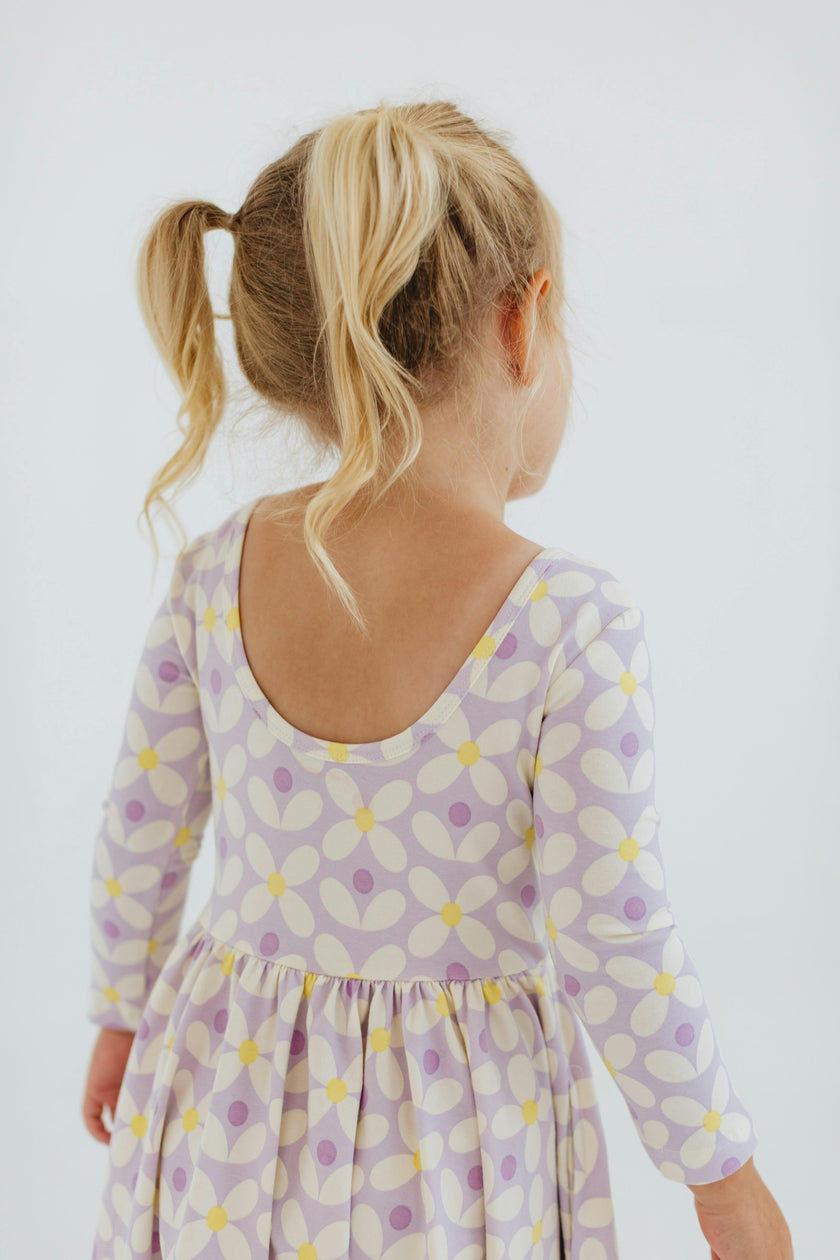 3/4 Sleeve Twirl Dress in Pale Purple Petals