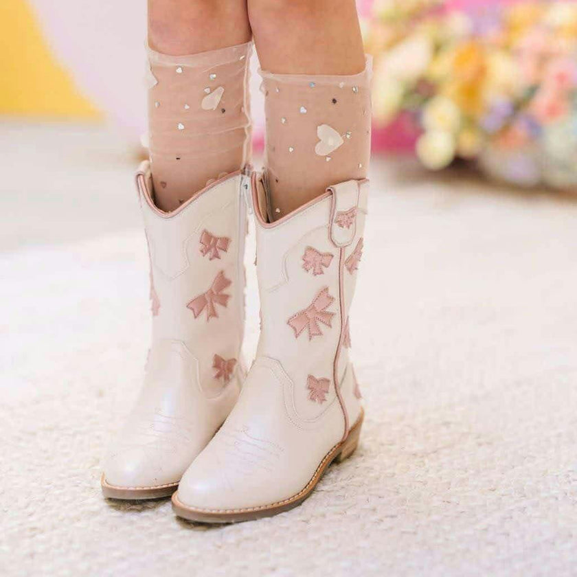 Cowgirl White + Pink Bow Boots, White