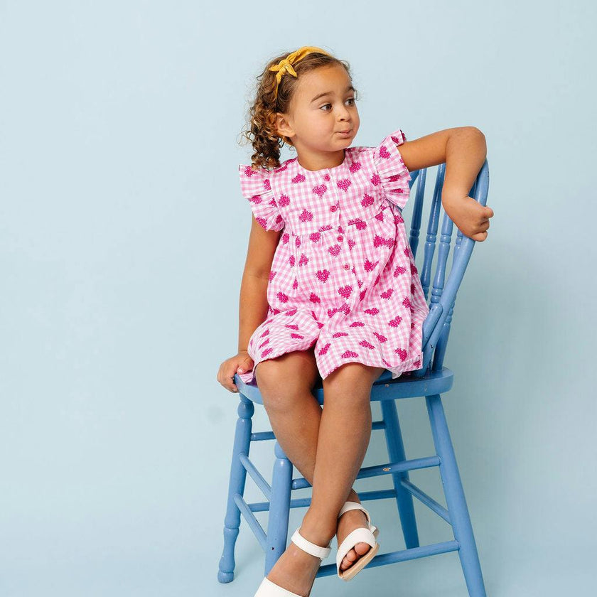 Pink Gingham Hearts Embroidery Girls Sunday Dress