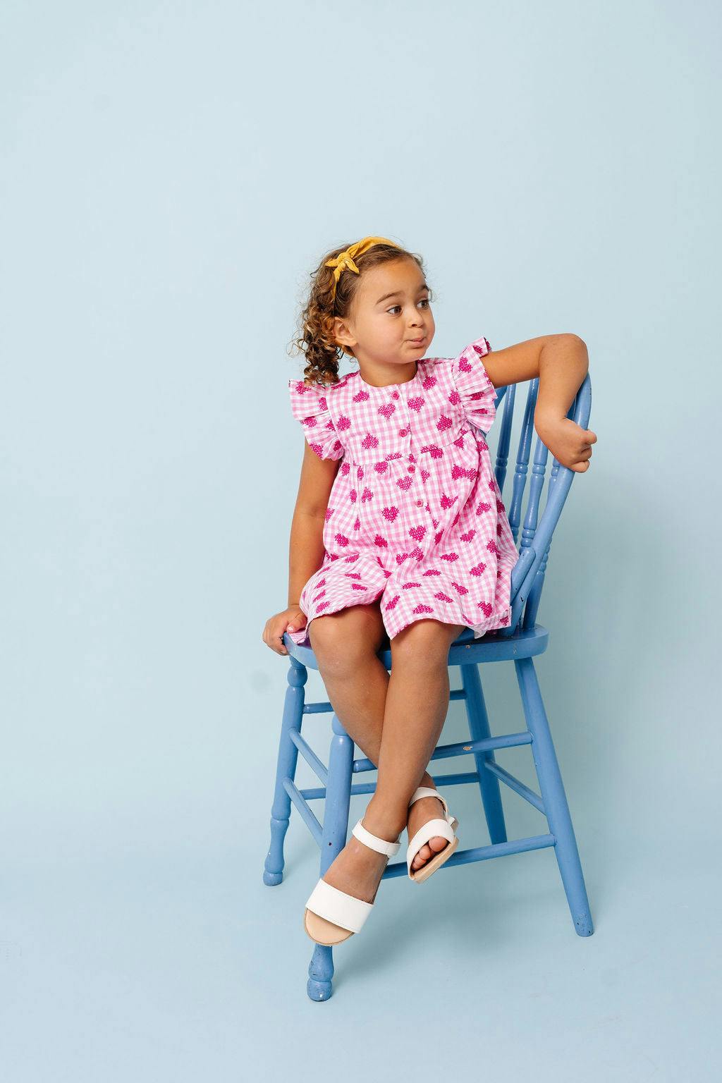 Pink Gingham Hearts Embroidery Girls Sunday Dress