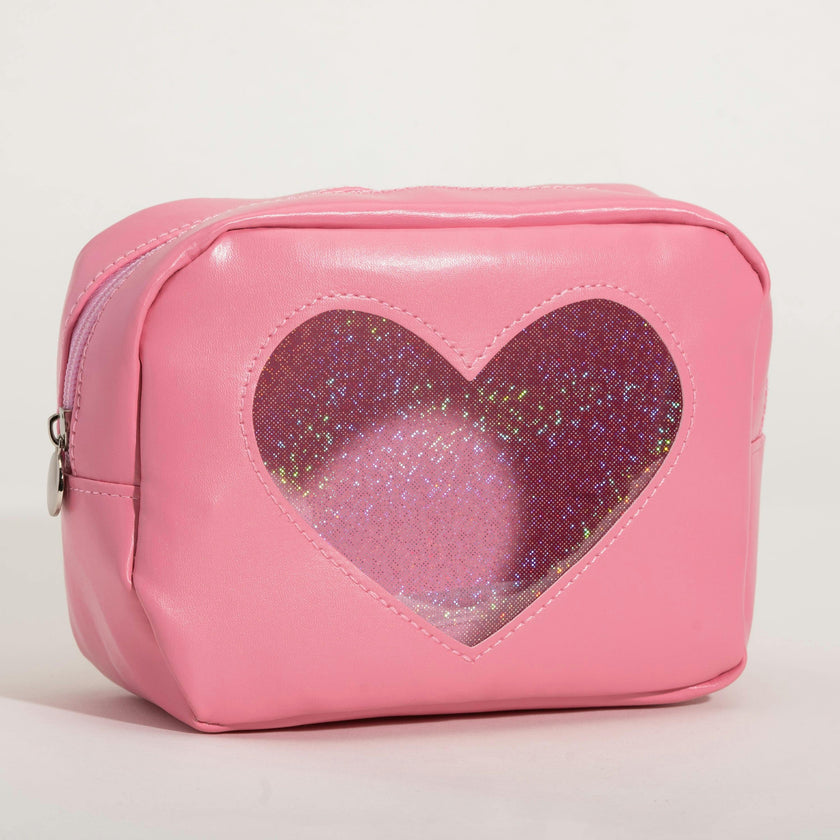 Pink Glitter Heart Cosmetic Bag