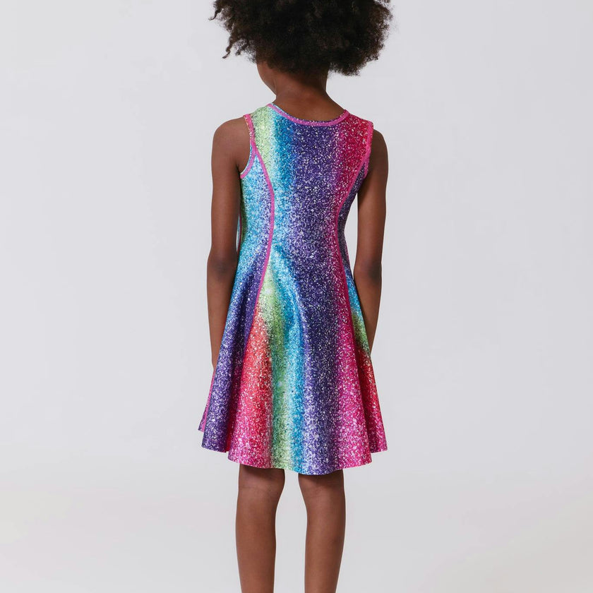 Girls Hi-Shine Skater Dress in Rainbow Glitter Foil