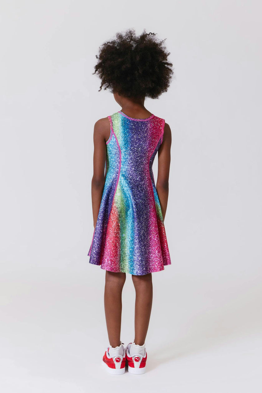 Girls Hi-Shine Skater Dress in Rainbow Glitter Foil