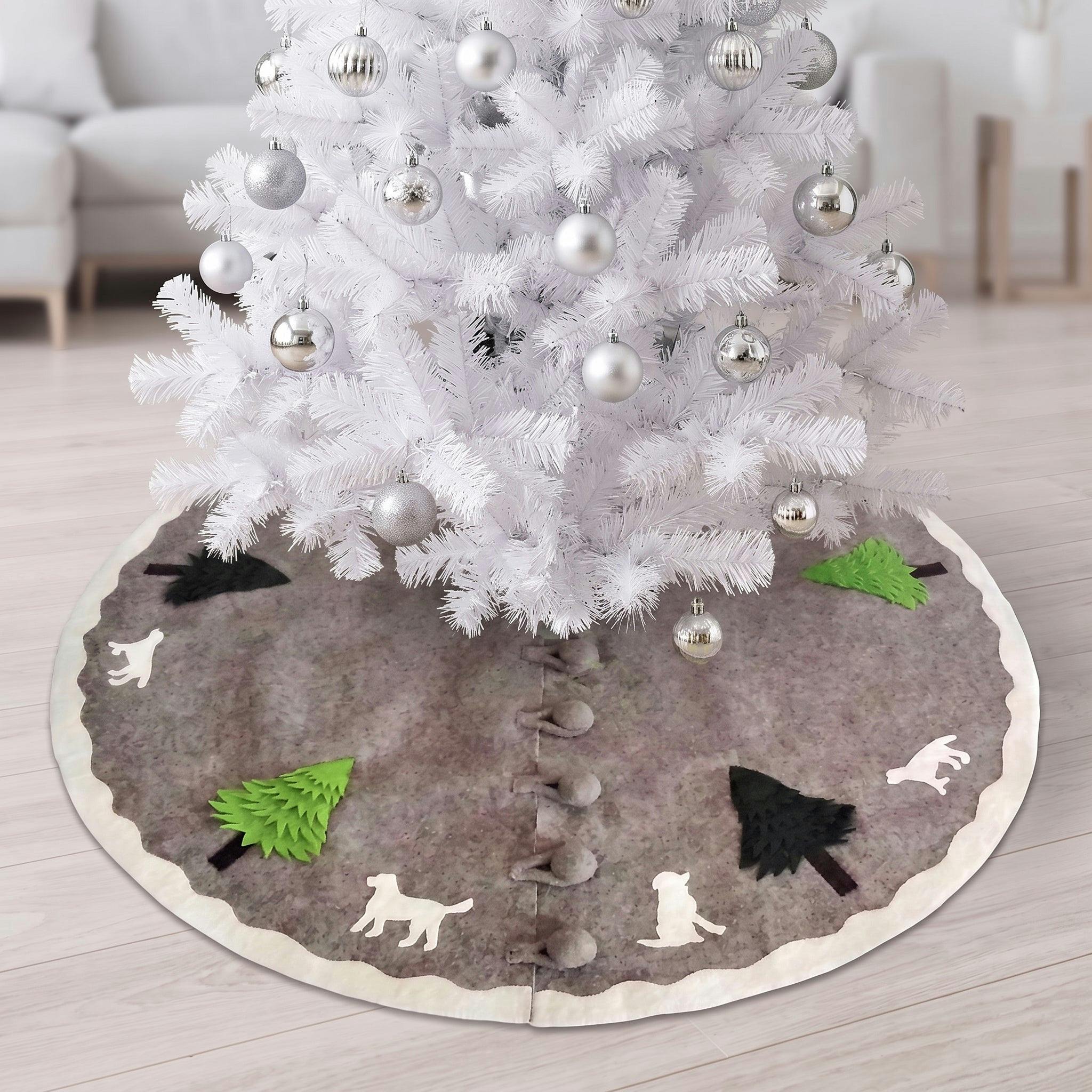 Hand Felted Wool Dogs and Trees Gray XL Christmas Tree Skirt 72